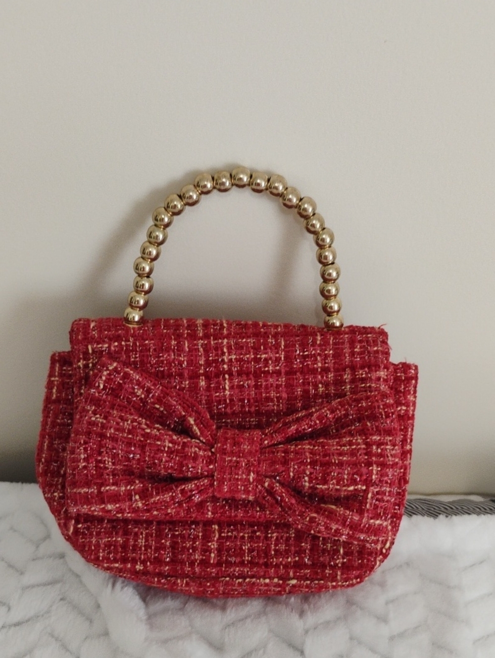 Red Tweed Bow-Front Top-Handle tiny Bag
